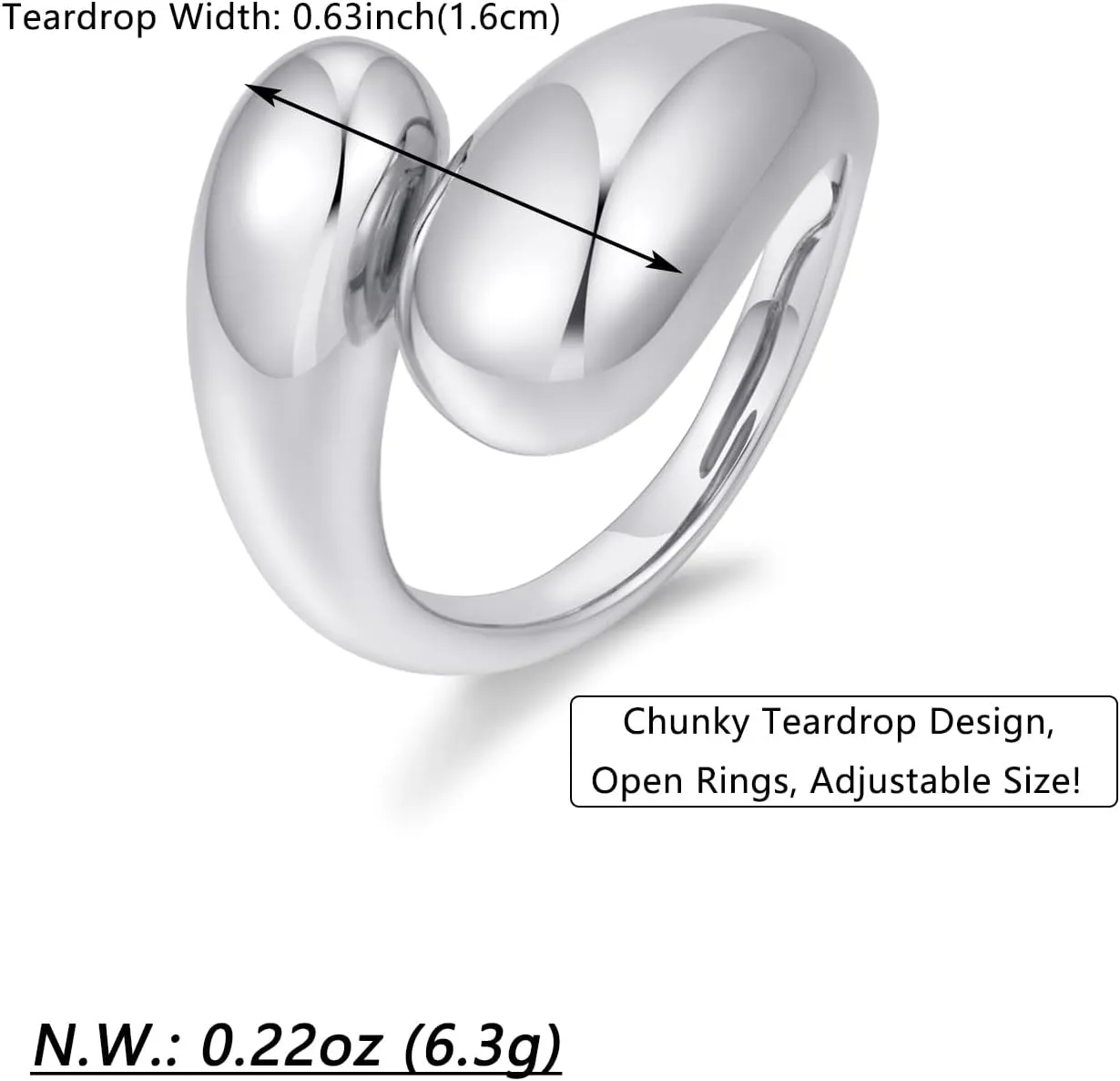 WOWORAMA Chunky Open Rings for Women Gold Silver Adjustable Dome Teardrop Rings Bold Thick Statement Rings Simple Stackable Band Rings