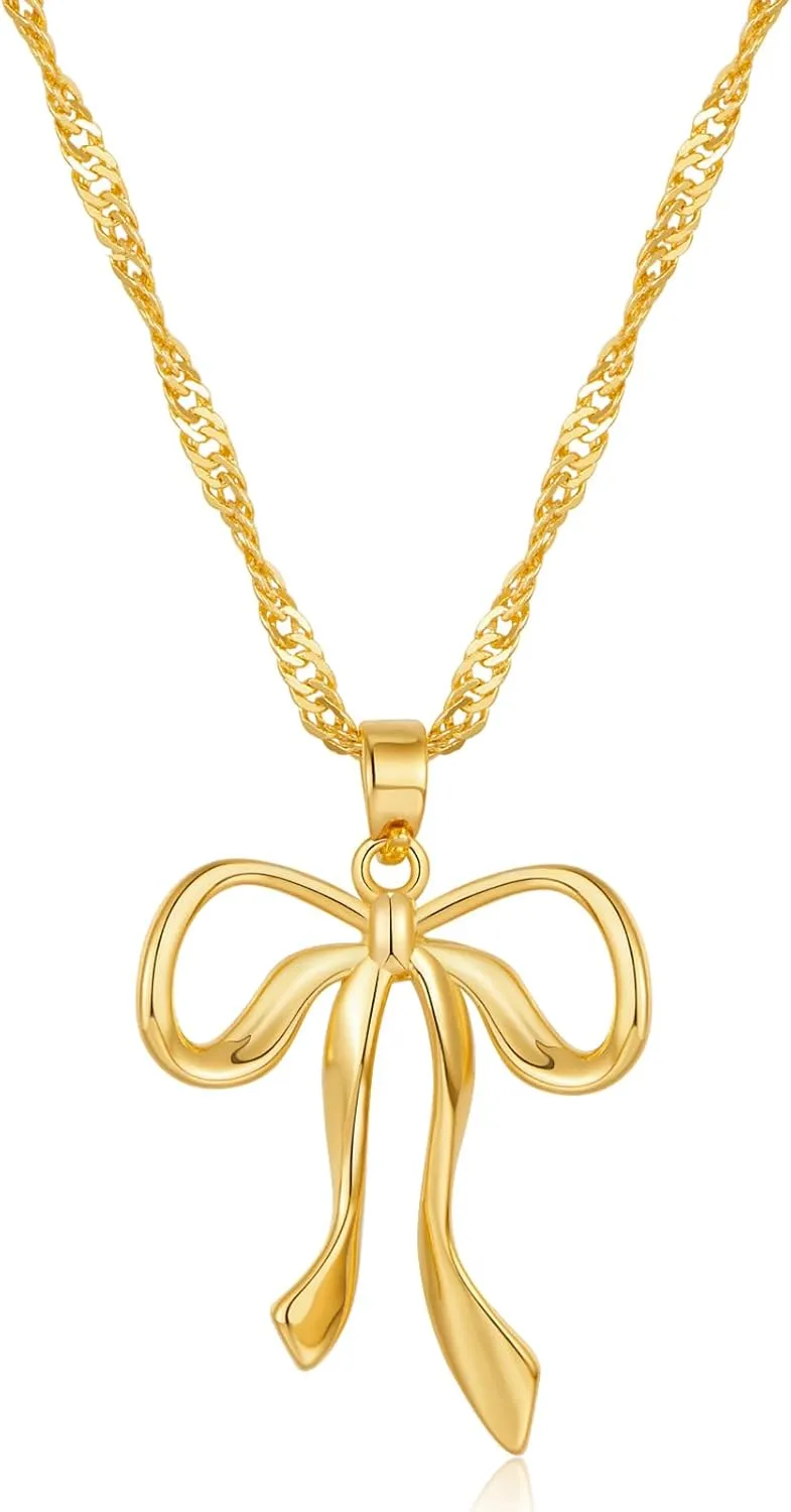 WOWORAMA Gold Bow Necklace for Women Dainty Bowknot Pendant Necklace Trendy Ribbon Bow Choker Necklace Adjustable Chain Bow Necklace Jewelry