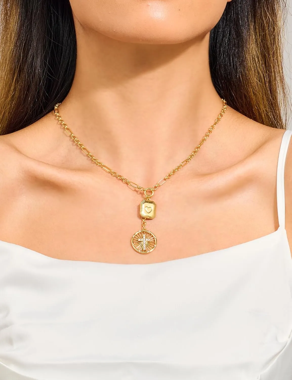 WOWORAMA Gold Pendant Necklace for Women Trendy Sun Star Cross Charm Necklace Lucky Leaf Heart Choker Necklace Chunky Gold Chain Necklace
