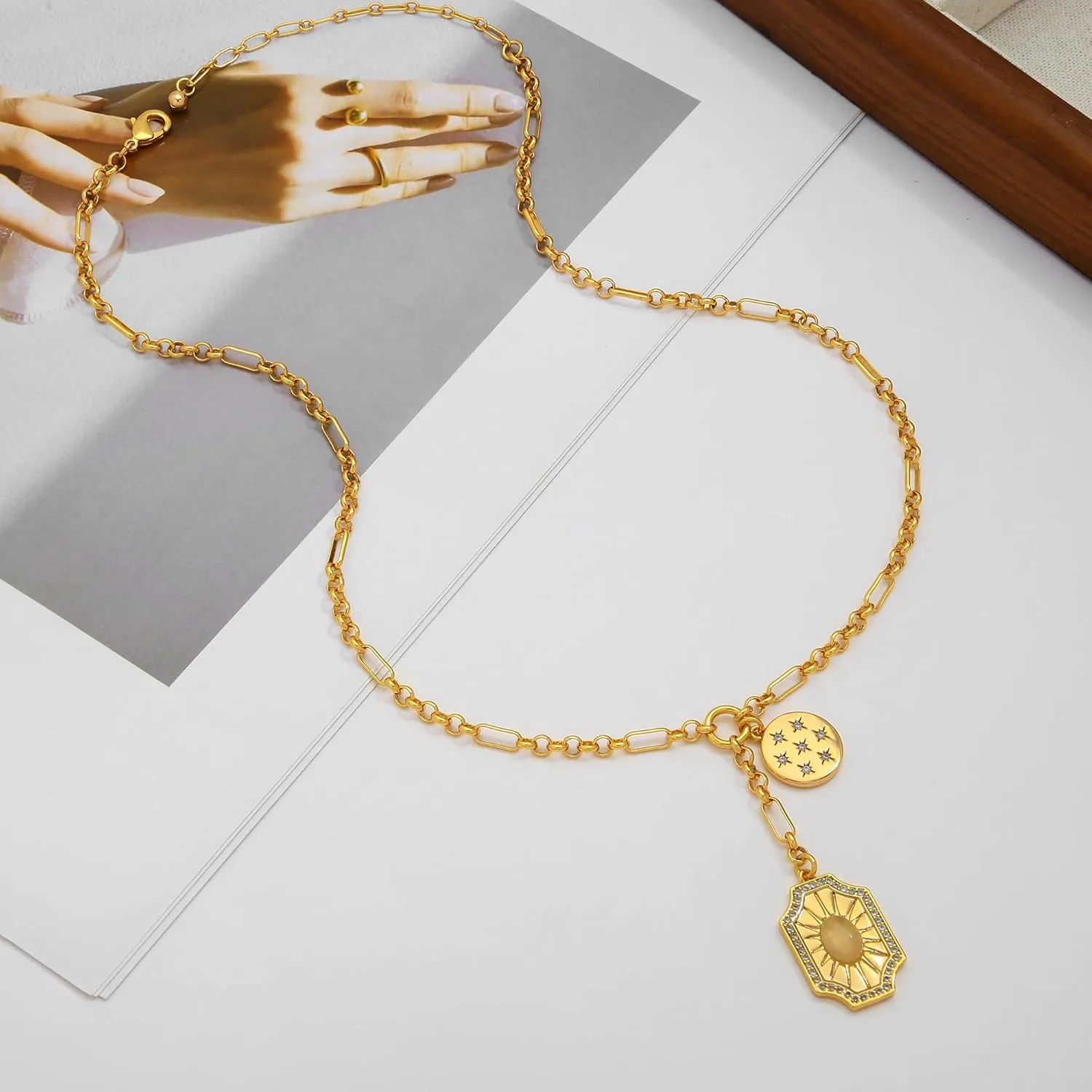 WOWORAMA Gold Pendant Necklace for Women Trendy Sun Star Cross Charm Necklace Lucky Leaf Heart Choker Necklace Chunky Gold Chain Necklace