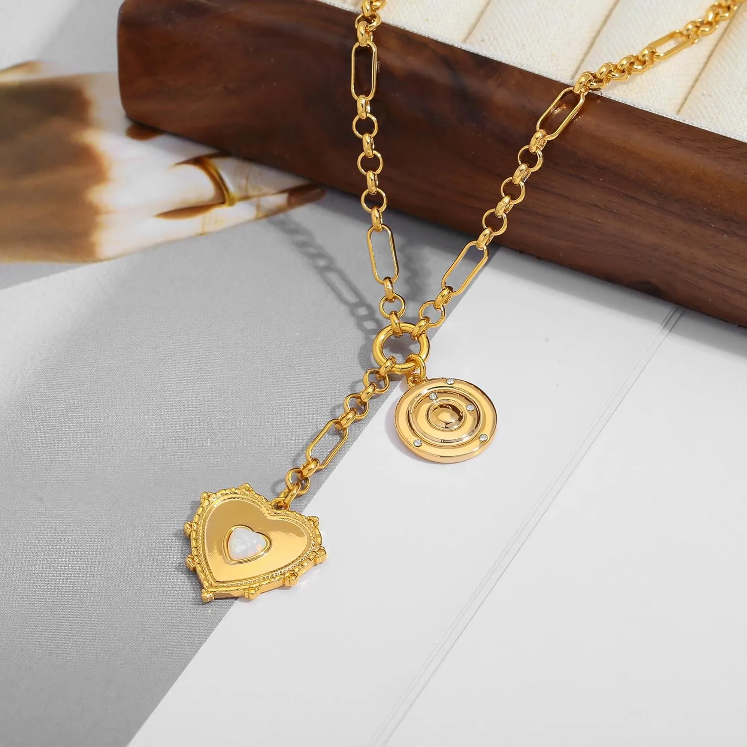 WOWORAMA Gold Pendant Necklace for Women Trendy Sun Star Cross Charm Necklace Lucky Leaf Heart Choker Necklace Chunky Gold Chain Necklace