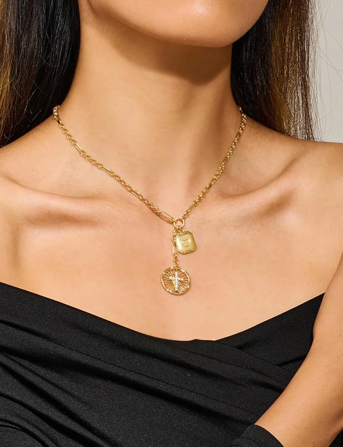 WOWORAMA Gold Pendant Necklace for Women Trendy Sun Star Cross Charm Necklace Lucky Leaf Heart Choker Necklace Chunky Gold Chain Necklace