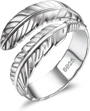 YADOCA 925 Sterling Silver Ring for Women Adjustable Feather Angel Wings Rings Minimalist Open Adjustable Ring