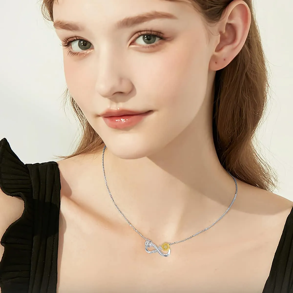 ZBA Natural Diamond Sunflower Infinity Necklace for Women, 18K Gold Plated Sterling Silver You Are My Sunshine Sunflower Gifts for Mom Daughter Wife, 18 2 Inches(Color F-G/Clarity I1-I2)