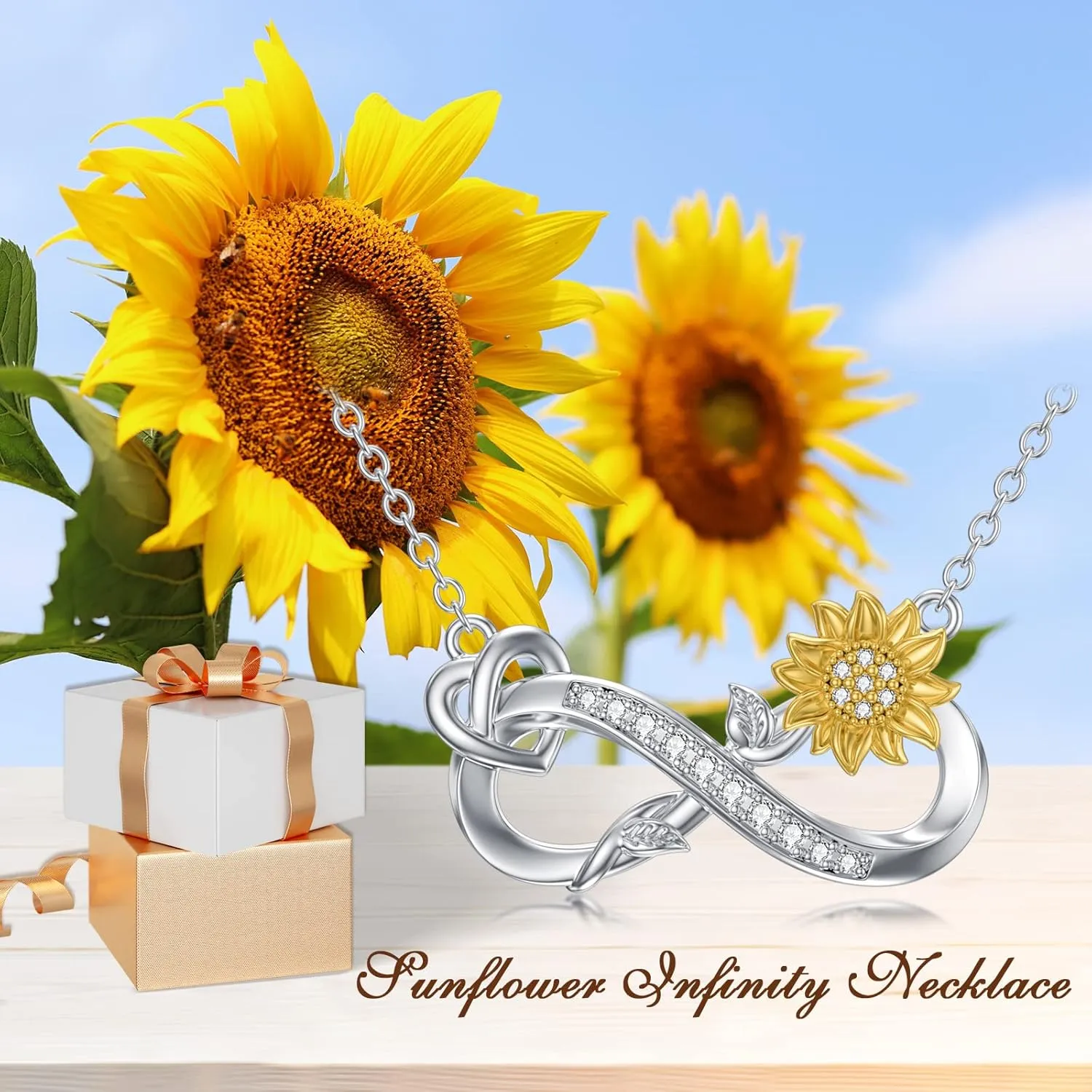 ZBA Natural Diamond Sunflower Infinity Necklace for Women, 18K Gold Plated Sterling Silver You Are My Sunshine Sunflower Gifts for Mom Daughter Wife, 18 2 Inches(Color F-G/Clarity I1-I2)